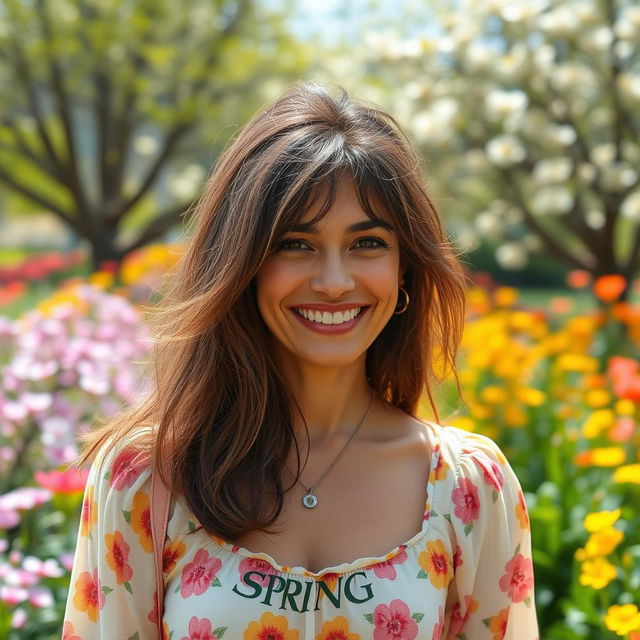 A vibrant 40-year-old woman with shaggy hair, representing a Venezuelan appearance, dressed in cheerful spring clothing