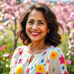 A vibrant 40-year-old woman with shaggy hair, representing a Venezuelan appearance, dressed in cheerful spring clothing