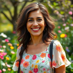 A vibrant 40-year-old woman with shaggy hair, representing a Venezuelan appearance, dressed in cheerful spring clothing