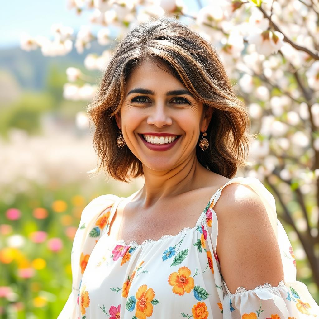 A vibrant 40-year-old woman with shaggy hair, representing a Venezuelan appearance, dressed in cheerful spring clothing