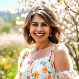 A vibrant 40-year-old woman with shaggy hair, representing a Venezuelan appearance, dressed in cheerful spring clothing