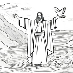 A line-drawn colouring book page of Jesus emerging from baptismal waters, a dove flying overhead symbolizing the Holy Spirit.