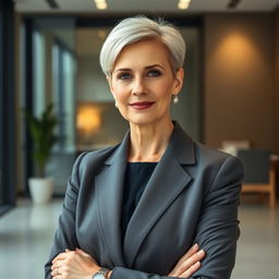 A 42-year-old lady with a short haircut, wearing a strict business suit that exemplifies understated elegance