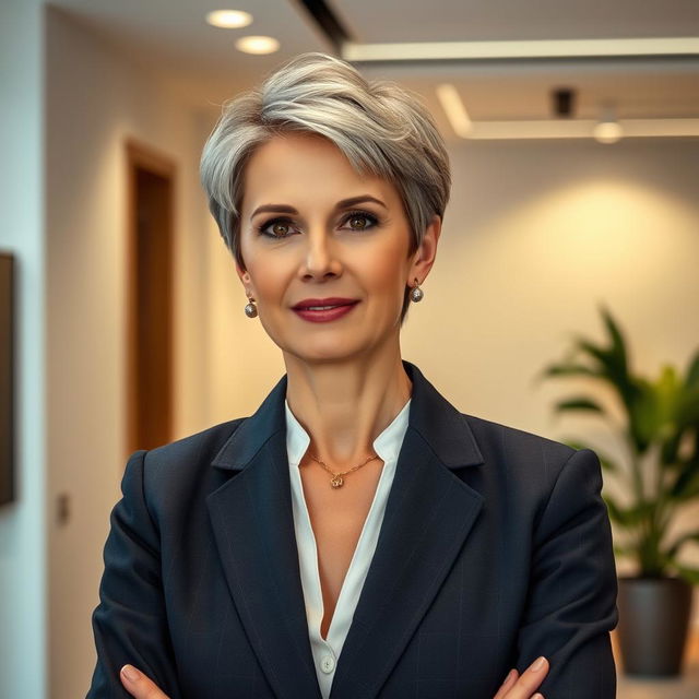 A 42-year-old lady with a short haircut, wearing a strict business suit that exemplifies understated elegance