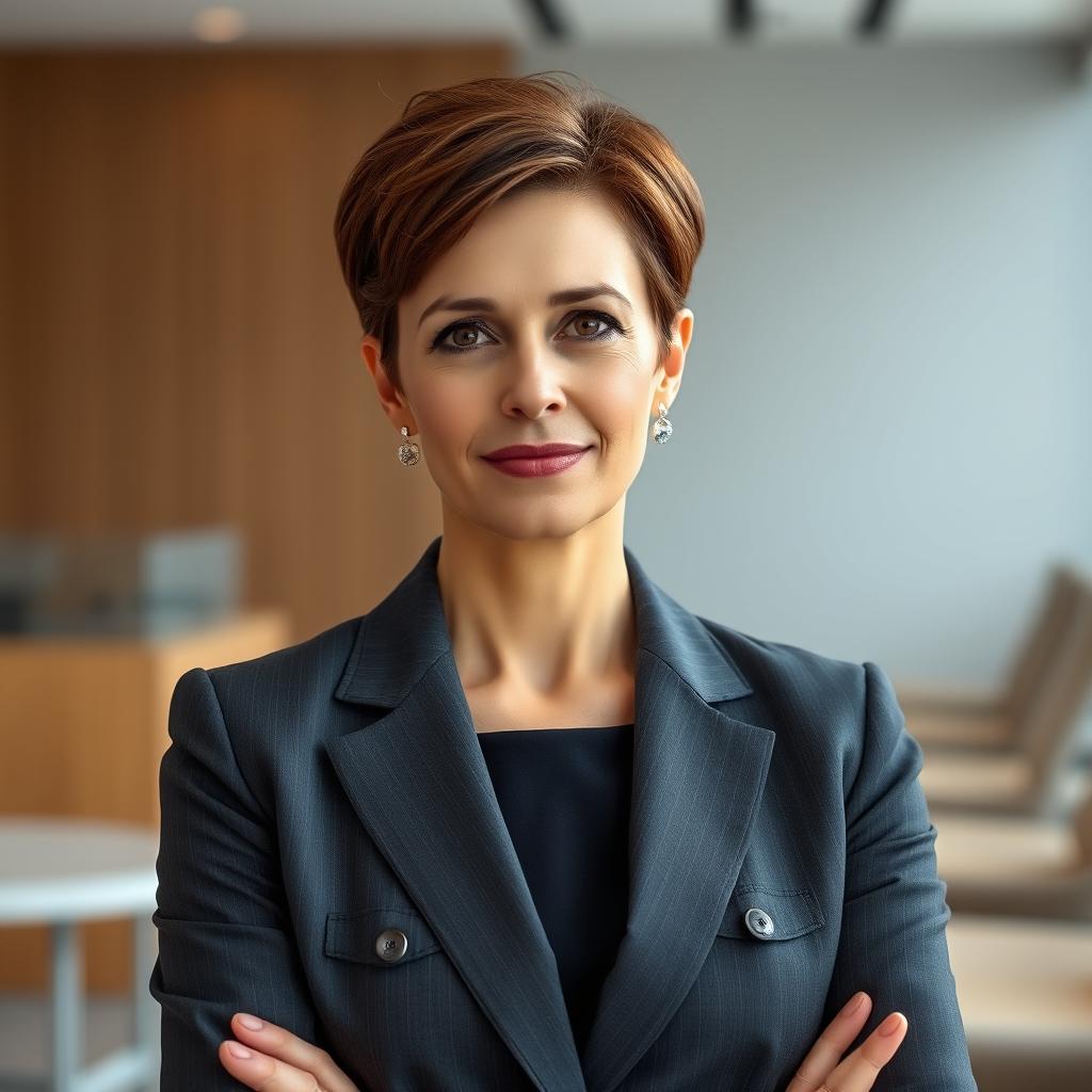 A 42-year-old lady with a short haircut, wearing a strict business suit that exemplifies understated elegance