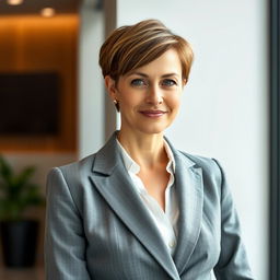 A 42-year-old lady with a short haircut, wearing a strict business suit that exemplifies understated elegance