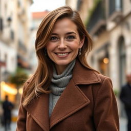 A woman aged between 30 to 35 years, with chestnut brown hair and European features, wearing fashionable attire