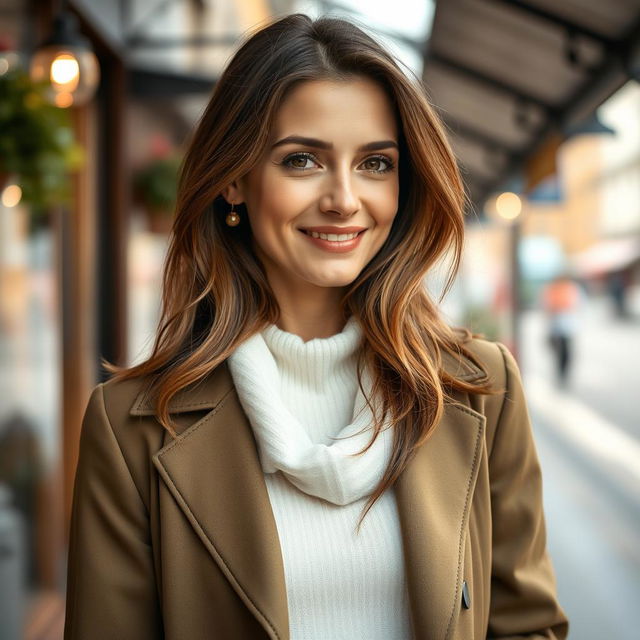 A woman aged between 30 to 35 years, with chestnut brown hair and European features, wearing fashionable attire