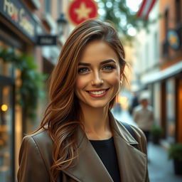 A woman aged between 30 to 35 years, with chestnut brown hair and European features, wearing fashionable attire