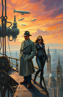 An oil painting depicting a male and female spy standing on a bridge overlooking a steampunk city