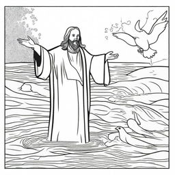 A line-drawn colouring book page of Jesus emerging from baptismal waters, a dove flying overhead symbolizing the Holy Spirit.