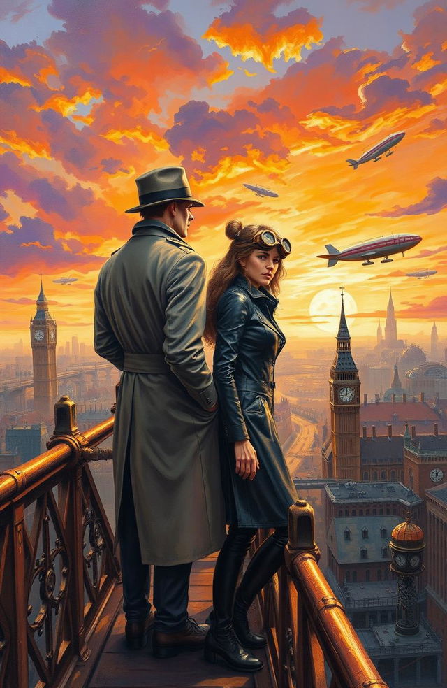 An oil painting depicting a male and female spy standing on a bridge overlooking a steampunk city