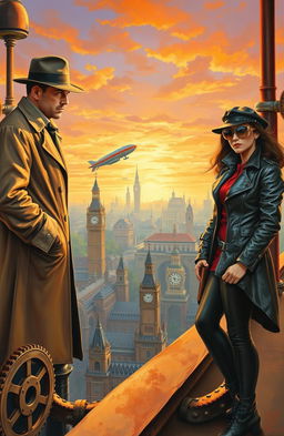 An oil painting depicting a male and female spy standing on a bridge overlooking a steampunk city