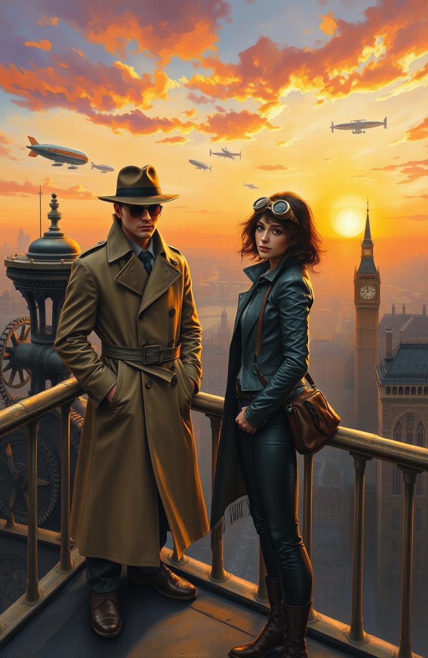An oil painting depicting a male and female spy standing on a bridge overlooking a steampunk city