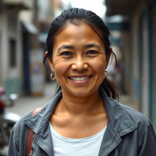 A 45-year-old Colombian woman with smooth, tanned skin and dark hair, dressed in simple, modest clothing that reflects her lower-middle-income background