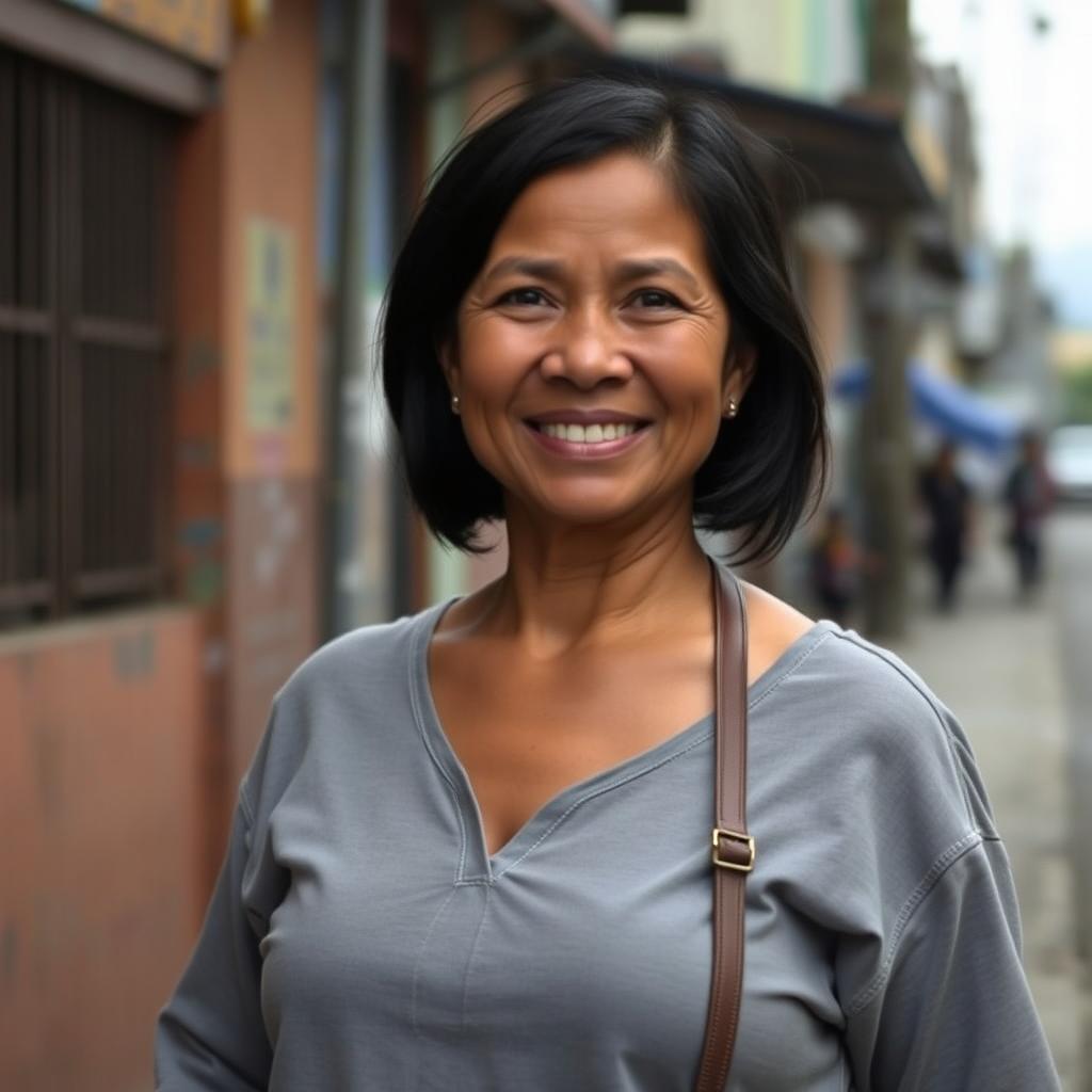 A 45-year-old Colombian woman with smooth, tanned skin and dark hair, dressed in simple, modest clothing that reflects her lower-middle-income background