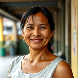 A 45-year-old Colombian woman with smooth, tanned skin and dark hair, dressed in simple, modest clothing that reflects her lower-middle-income background