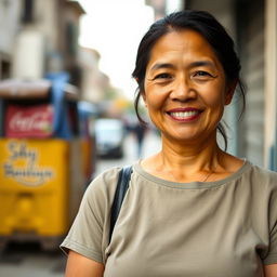 A 45-year-old Colombian woman with smooth, tanned skin and dark hair, dressed in simple, modest clothing that reflects her lower-middle-income background