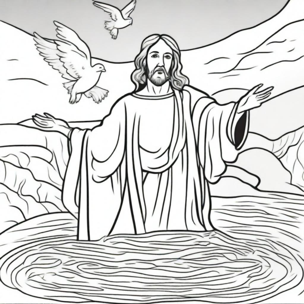 A line-drawn colouring book page of Jesus emerging from baptismal waters, a dove flying overhead symbolizing the Holy Spirit.