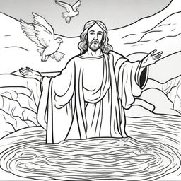 A line-drawn colouring book page of Jesus emerging from baptismal waters, a dove flying overhead symbolizing the Holy Spirit.