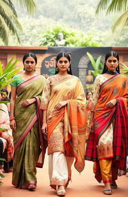 A vibrant fashion collection inspired by Santiniketan, showcasing a blend of traditional Bengali attire and contemporary styles