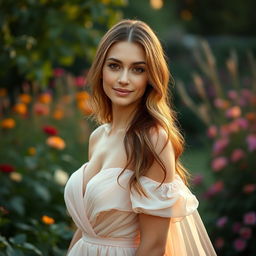 A 36-year-old lady with long hair, showcasing refined facial features and light skin, embodying a romantic style