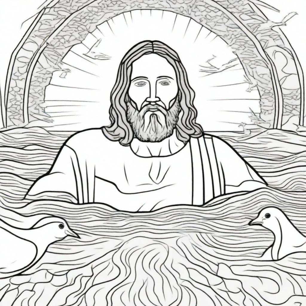 Detailed colouring book page showing Jesus' face rising from the baptismal waters, John the Baptist nearby, with a dove symbolizing the Holy Spirit soaring above