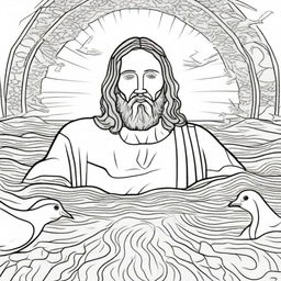 Detailed colouring book page showing Jesus' face rising from the baptismal waters, John the Baptist nearby, with a dove symbolizing the Holy Spirit soaring above