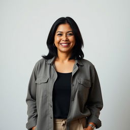 A simple Colombian woman, 40 years old, featuring dark hair and dressed in modest, unassumingly stylish clothing that reflects her down-to-earth nature