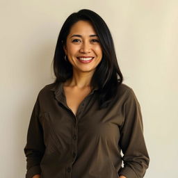 A simple Colombian woman, 40 years old, featuring dark hair and dressed in modest, unassumingly stylish clothing that reflects her down-to-earth nature