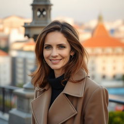 A woman aged between 30 to 35 years, with chestnut brown hair and distinct European features, dressed in elegant and fashionable clothing