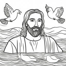 Detailed colouring book page showing Jesus' face rising from the baptismal waters, John the Baptist nearby, with a dove symbolizing the Holy Spirit soaring above