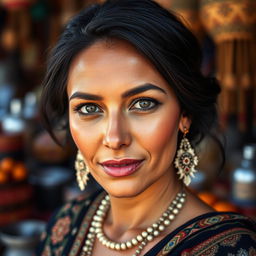 A 35-year-old woman of North African descent, featuring olive skin, dark hair, and expressive eyes that capture attention