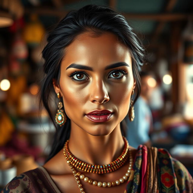 A 35-year-old woman of North African descent, featuring olive skin, dark hair, and expressive eyes that capture attention