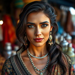 A 35-year-old woman of North African descent, featuring olive skin, dark hair, and expressive eyes that capture attention