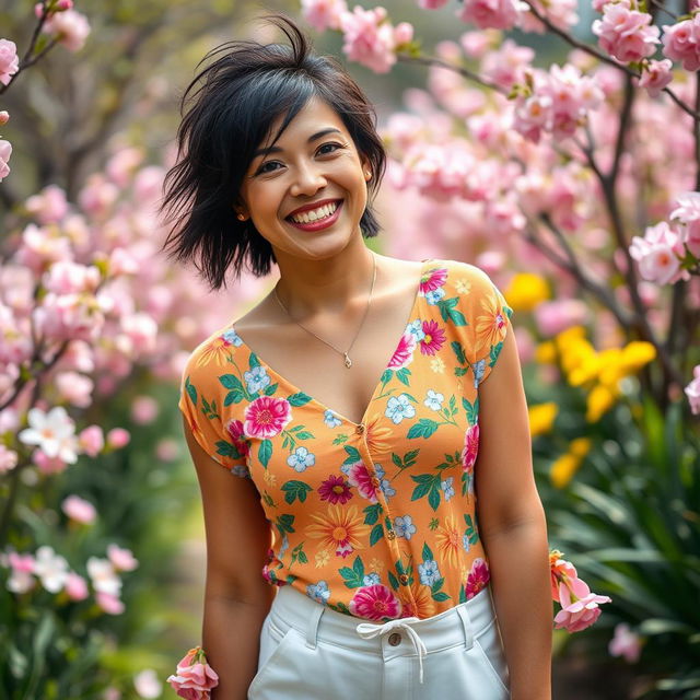 A vibrant 35-year-old woman with shaggy hair, showcasing a beautiful Latina appearance