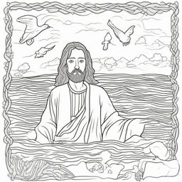 Detailed colouring book page showing Jesus' face rising from the baptismal waters, John the Baptist nearby, with a dove symbolizing the Holy Spirit soaring above