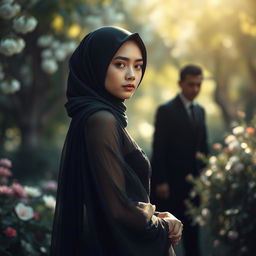 A captivating scene featuring a girl wearing a black hijab and a stunning, sheer dress that elegantly reveals her figure