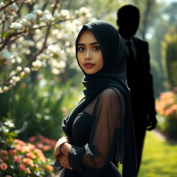 A captivating scene featuring a girl wearing a black hijab and a stunning, sheer dress that elegantly reveals her figure
