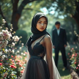 A captivating scene featuring a girl wearing a black hijab and a stunning, sheer dress that elegantly reveals her figure