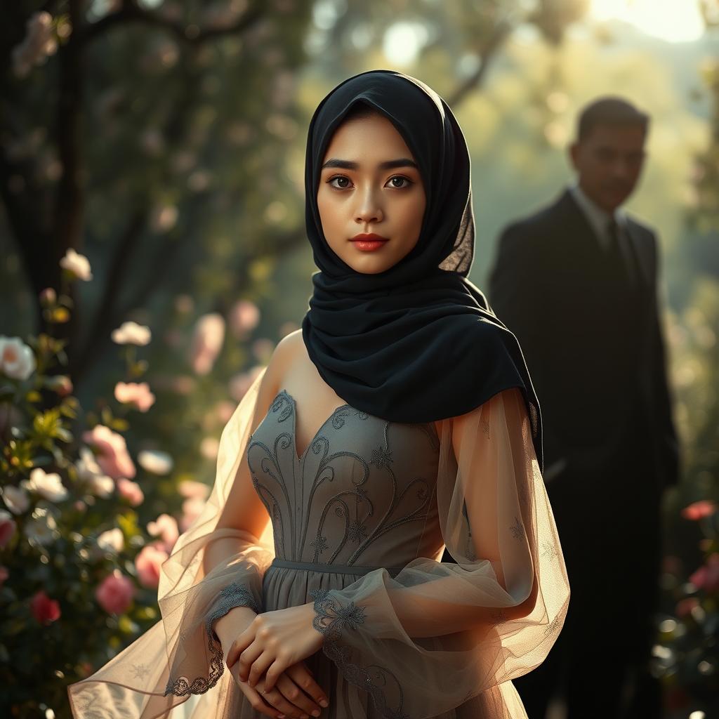 A captivating scene featuring a girl wearing a black hijab and a stunning, sheer dress that elegantly reveals her figure