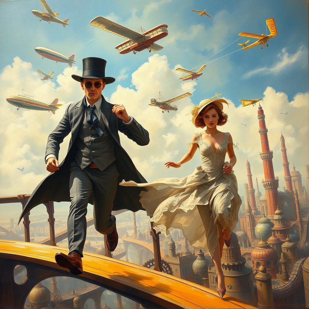 An oil painting showcasing a male and female spy, both dressed in elegant Victorian clothes, energetically running across a bridge that spans a vibrant steampunk city