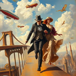 An oil painting showcasing a male and female spy, both dressed in elegant Victorian clothes, energetically running across a bridge that spans a vibrant steampunk city