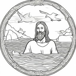 Detailed colouring book page showing Jesus' face rising from the baptismal waters, John the Baptist nearby, with a dove symbolizing the Holy Spirit soaring above