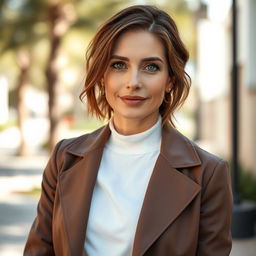 A woman aged between 30 to 35 years, featuring chestnut brown hair and a distinct European appearance, dressed in chic and modern clothing
