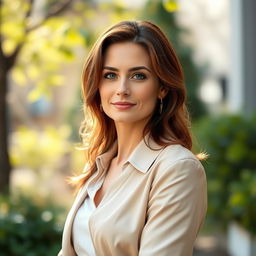 A woman aged between 30 to 35 years, featuring chestnut brown hair and a distinct European appearance, dressed in chic and modern clothing