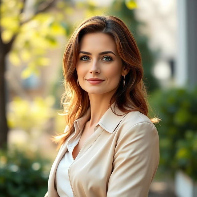 A woman aged between 30 to 35 years, featuring chestnut brown hair and a distinct European appearance, dressed in chic and modern clothing