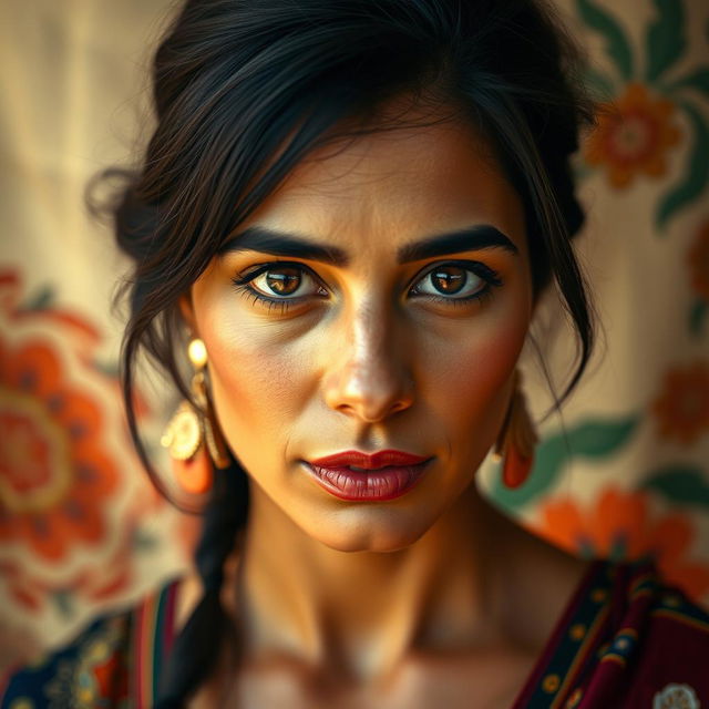 A 35-year-old woman of North African descent, featuring olive skin, dark hair, and captivating expressive eyes that draw attention