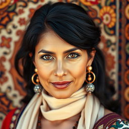 A 35-year-old woman of North African descent, featuring olive skin, dark hair, and captivating expressive eyes that draw attention