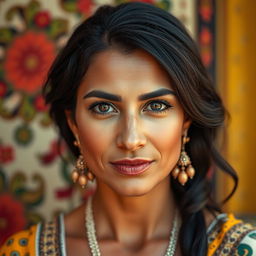 A 35-year-old woman of North African descent, featuring olive skin, dark hair, and captivating expressive eyes that draw attention